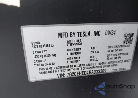 2024 Tesla Cybertruck All-Wheel Drive z USA, uszkodzony, nr VIN 7G2CEHED4RA033309